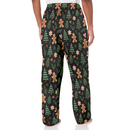 Gingerbread man Christmas Men Pajamas Pants, Black Green Festive Trees Xmas PJ Pockets Sleep Lounge Trousers Guys Male Sleepwear Bottoms