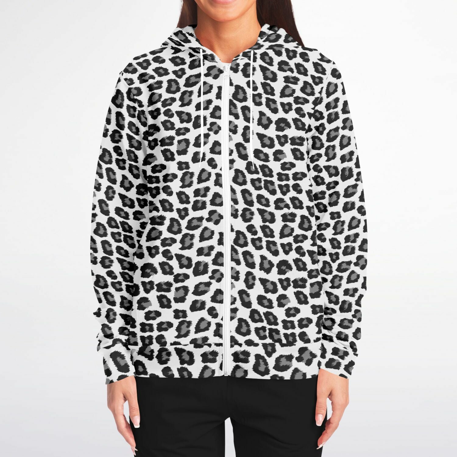 Snow Leopard Zip Up Hoodie, Black White Animal Print Full Zipper