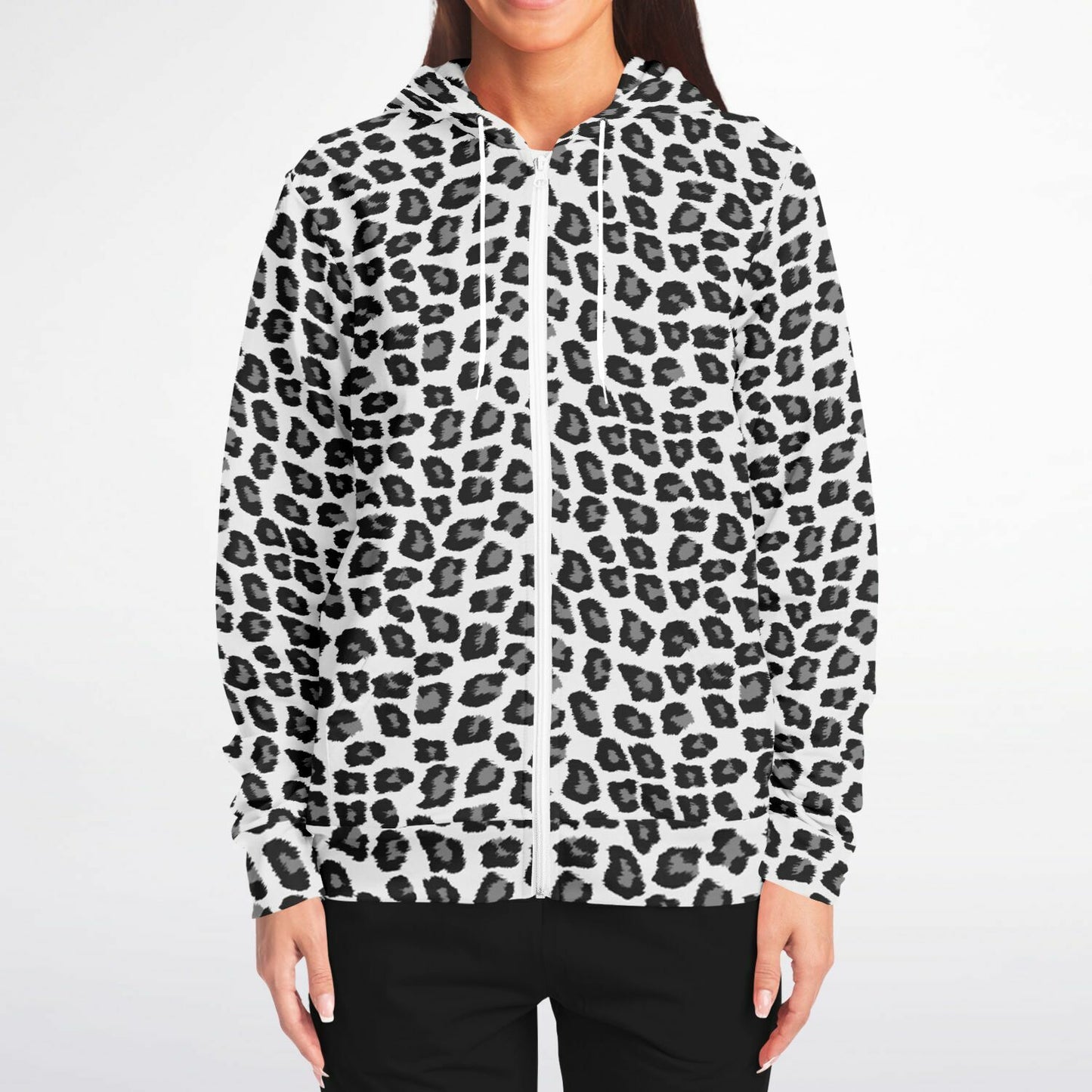 Snow Leopard Zip Up Hoodie, Black White Animal Print Full Zipper Pocket Men Women Unisex Adult Graphic Cotton Fleece Hooded Sweatshirt