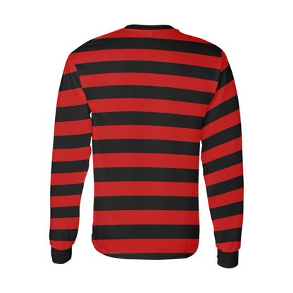 Dark Red and Black Striped TShirt Men Long Sleeve, Graphic Vintage Retro Stripes Crewneck Unisex Women Halloween Punk Emo Goth Designer Tee - Starcove Fashion