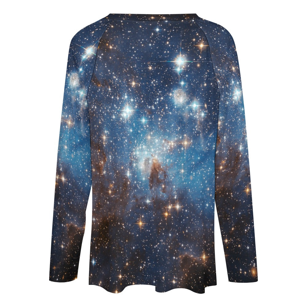 Galaxy Women Long Sleeve Tshirt loose fit, Space Stars Universe Blue Relaxed V-neck Designer Graphic Aesthetic Ladies Female Tee Top Shirt - Starcove Fashion