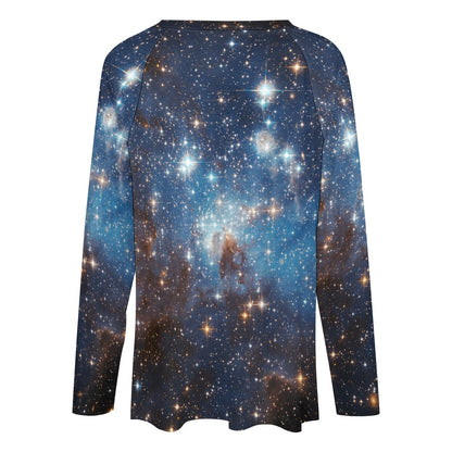Galaxy Women Long Sleeve Tshirt loose fit, Space Stars Universe Blue Relaxed V-neck Designer Graphic Aesthetic Ladies Female Tee Top Shirt - Starcove Fashion