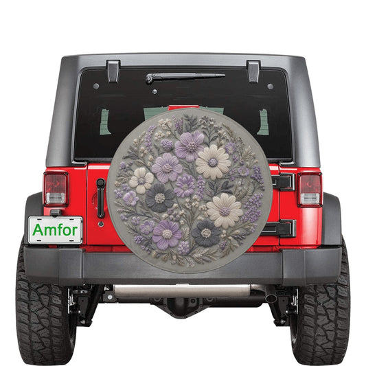 Wild Flowers Spare Tire Cover, Faux Embroidery Purple Lunar Grey Printed Grassy Botanicals Floral Wheel Backup Camera Hole Trailer Back RV