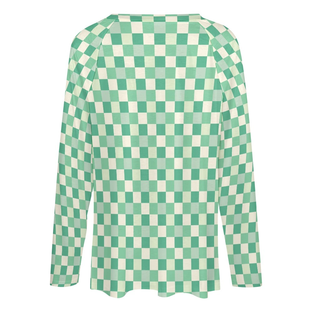 Green Checkered Women Long Sleeve Tshirt loose fit, Gingham Check Relaxed V-neck Designer Graphic Aesthetic Ladies Female Tee Top Shirt - Starcove Fashion