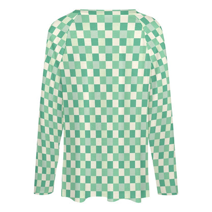 Green Checkered Women Long Sleeve Tshirt loose fit, Gingham Check Relaxed V-neck Designer Graphic Aesthetic Ladies Female Tee Top Shirt - Starcove Fashion