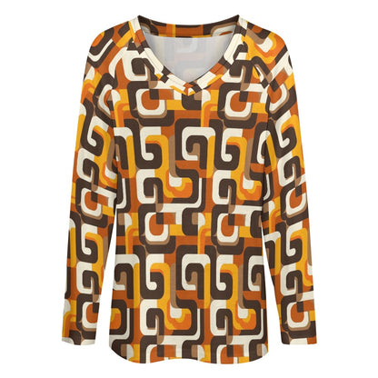 70s Geometric Women Long Sleeve Tshirt loose fit, Brown Orange Vintage Retro Relaxed V-neck Designer Aesthetic Ladies Female Tee Top Shirt