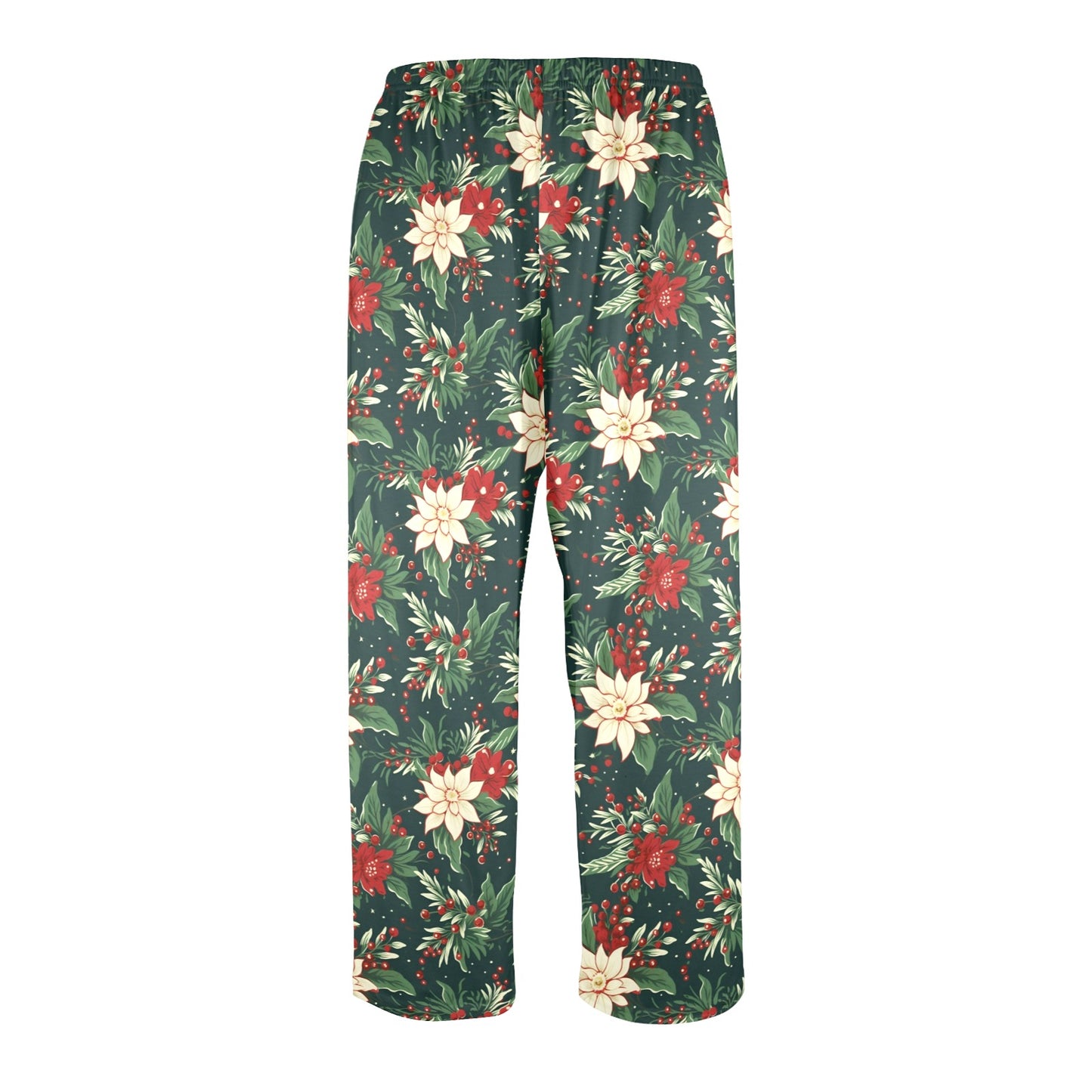 Christmas Berries Men Pajamas Pants, Xmas Trees Green Vintage Retro PJ Pockets Sleep Lounge Trousers Guys Male Plus Size Sleepwear Bottoms