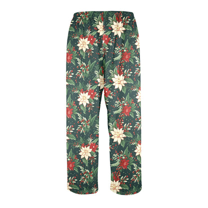 Christmas Berries Men Pajamas Pants, Xmas Trees Green Vintage Retro PJ Pockets Sleep Lounge Trousers Guys Male Plus Size Sleepwear Bottoms