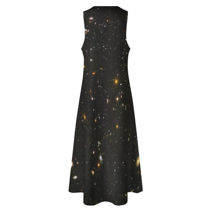 Galaxy Maxi Sleeveless Dress, Night Sky Print Black Space Star Constellation Fantasy Party Handmade Celestial Women Ladies Cocktail Pockets - Starcove Fashion