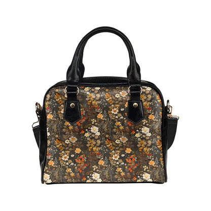 Brown Floral Purse, Flowers Fall Autumn Retro Pattern Cute Small Shoulder Zip Bag Vegan Leather Women Designer Handbag Crossbody Ladies