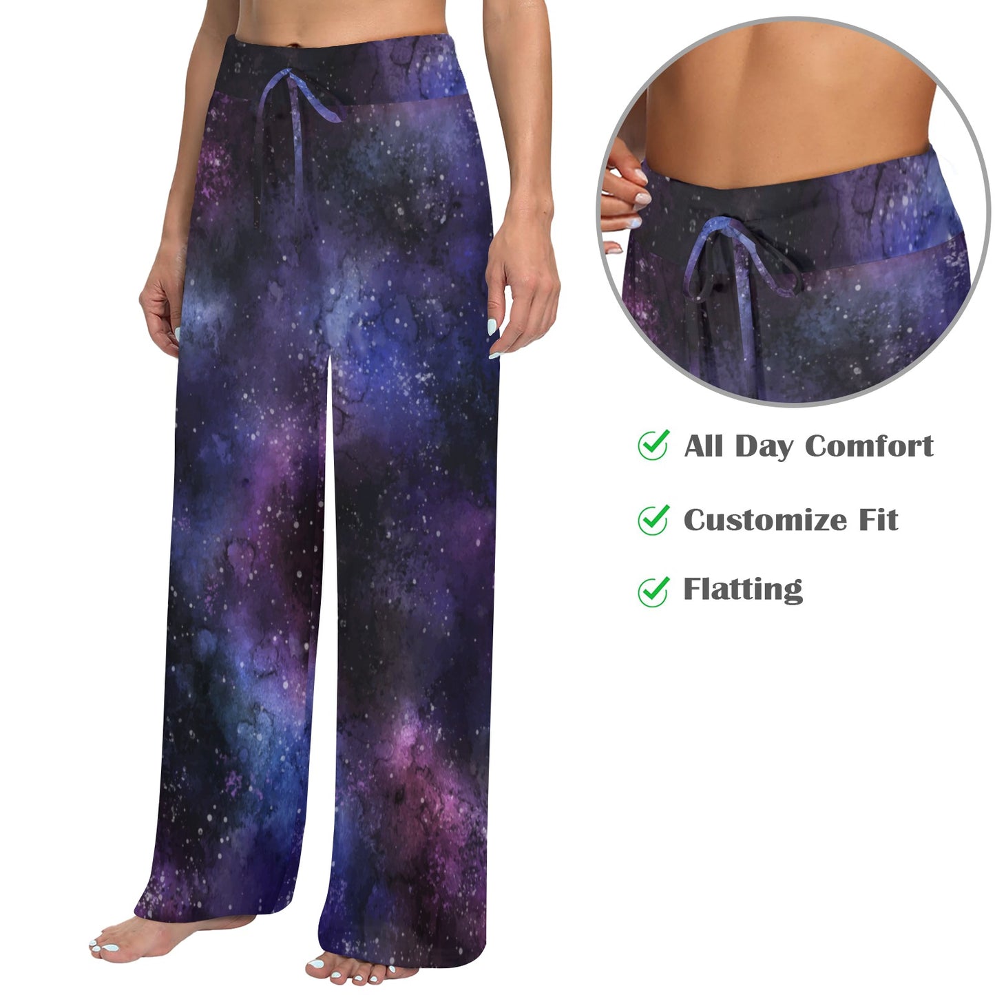 Galaxy Stars Women Wide Leg Pants Pockets, Space Purple Universe Print Yoga Trousers High Waisted Ladies Comfy Drawstring Lounge Flowy
