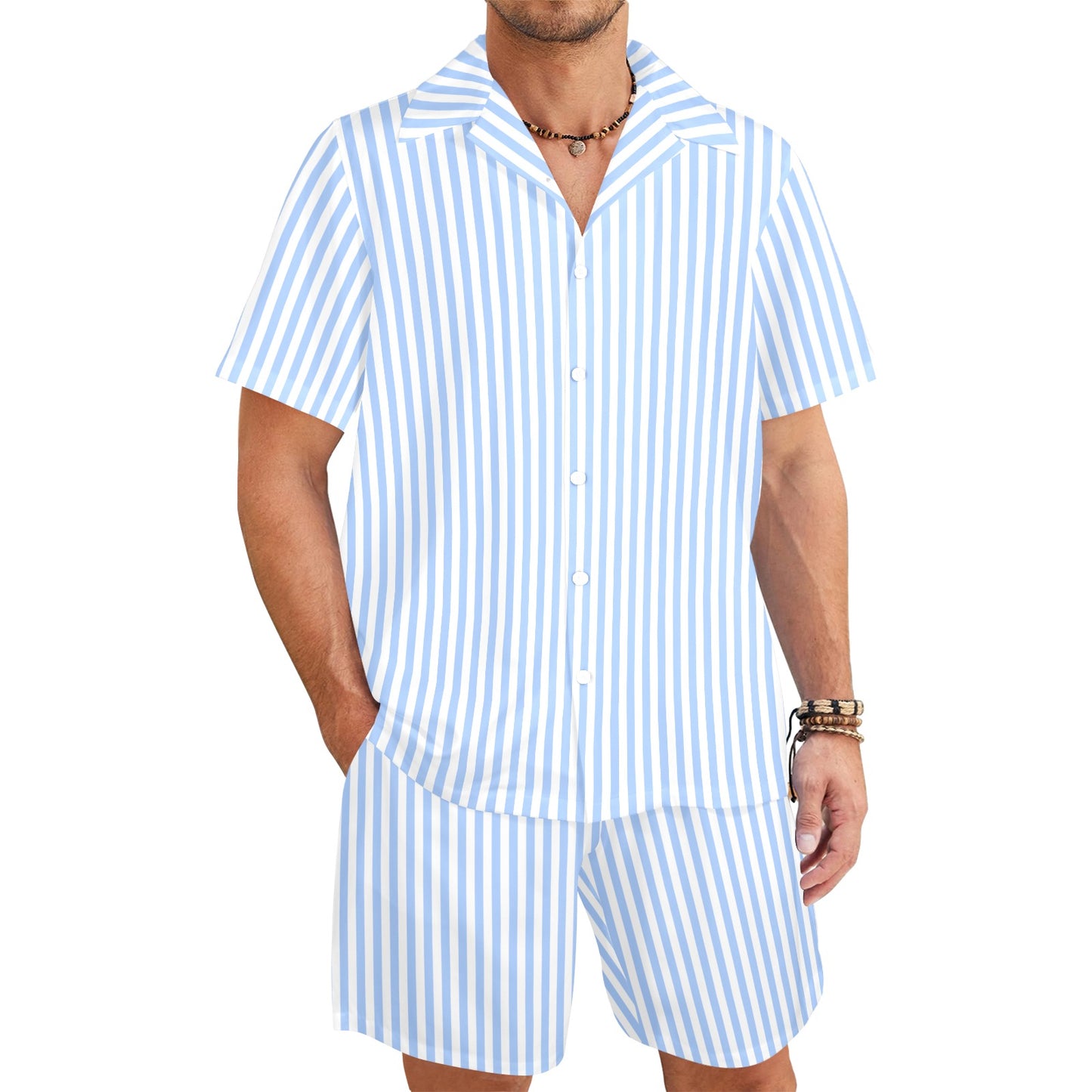 Light Blue Striped Shirt Shorts Outfit Set Men, White vertical Stripe Matching Hawaiian Beach Male Guys Summer Short Sleeve Button Up Down