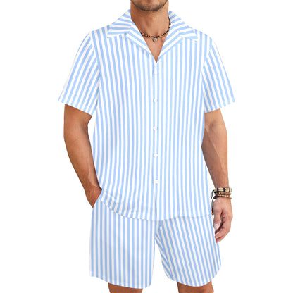 Light Blue Striped Shirt Shorts Outfit Set Men, White vertical Stripe Matching Hawaiian Beach Male Guys Summer Short Sleeve Button Up Down
