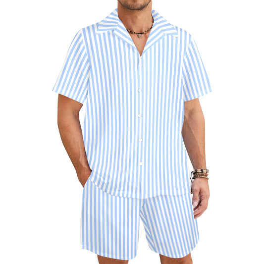 Light Blue Striped Shirt Shorts Outfit Set Men, White vertical Stripe Matching Hawaiian Beach Male Guys Summer Short Sleeve Button Up Down