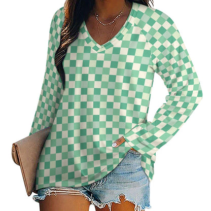 Green Checkered Women Long Sleeve Tshirt loose fit, Gingham Check Relaxed V-neck Designer Graphic Aesthetic Ladies Female Tee Top Shirt - Starcove Fashion