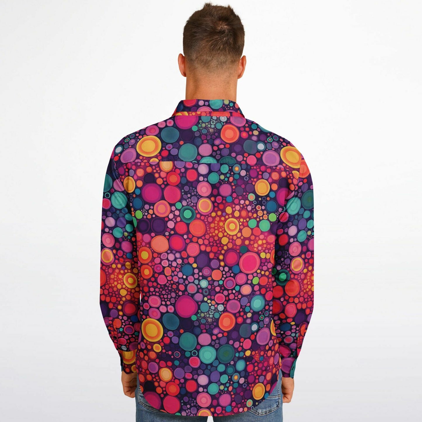 Psychedelic Long Sleeve Men Button Up Shirt, Funky Red Colorful Fun Retro Vibrant Dot Art Guys Male Print Buttoned Down Collared Casual Dress Plus Size