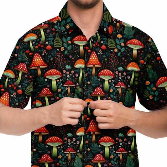 Red Mushroom Short Sleeve Men Button Up Shirt, Cottagecore Fungi Forest Print Casual Buttoned Down Summer Collared Dress Shirt Starcove Fashion