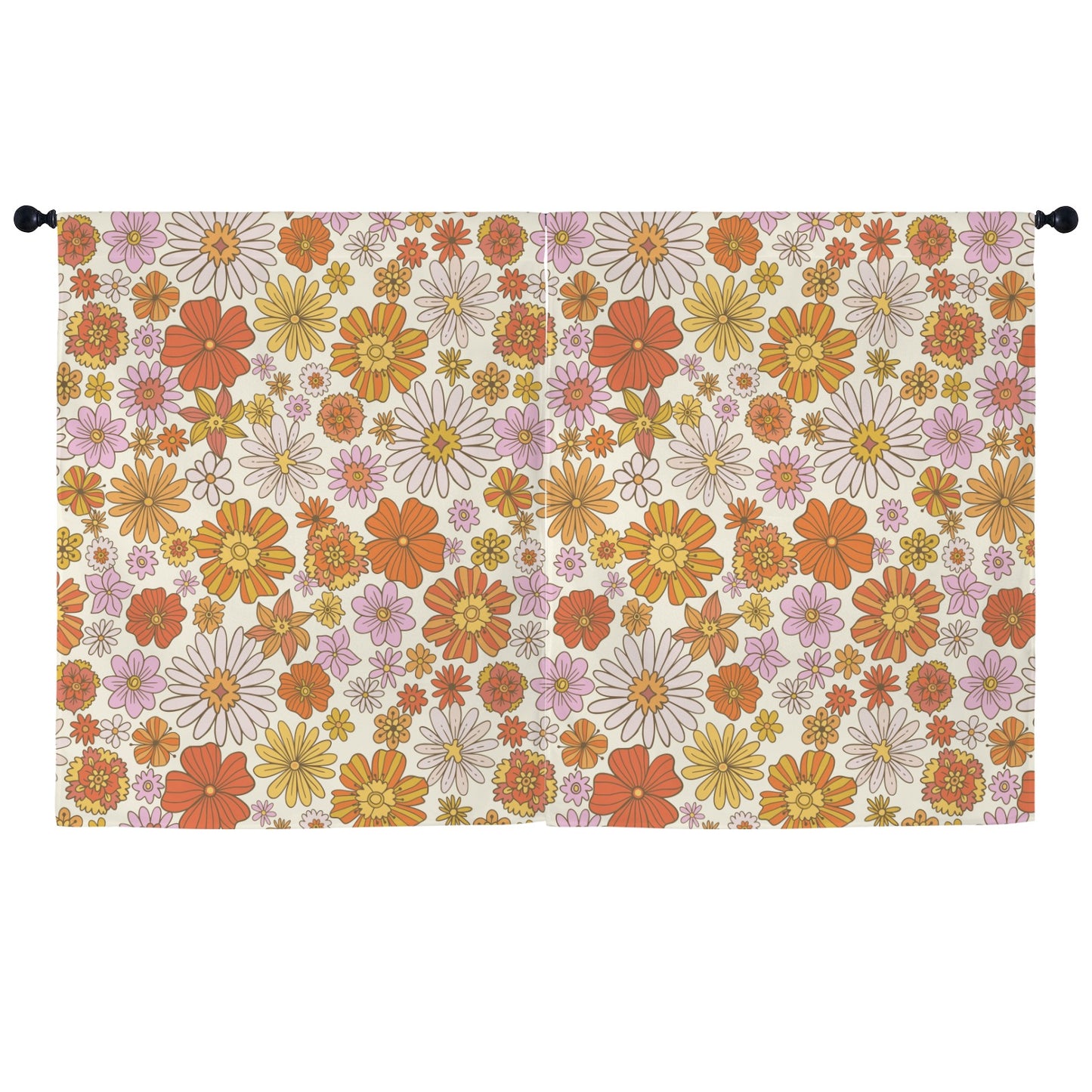 Pink Floral Window Curtain, Groovy Flowers Retro Kitchen Living Room Bedroom Bathroom Fabric Rod Pocket Decor Housewarming Home 63 Inch