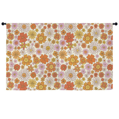 Pink Floral Window Curtain, Groovy Flowers Retro Kitchen Living Room Bedroom Bathroom Fabric Rod Pocket Decor Housewarming Home 63 Inch