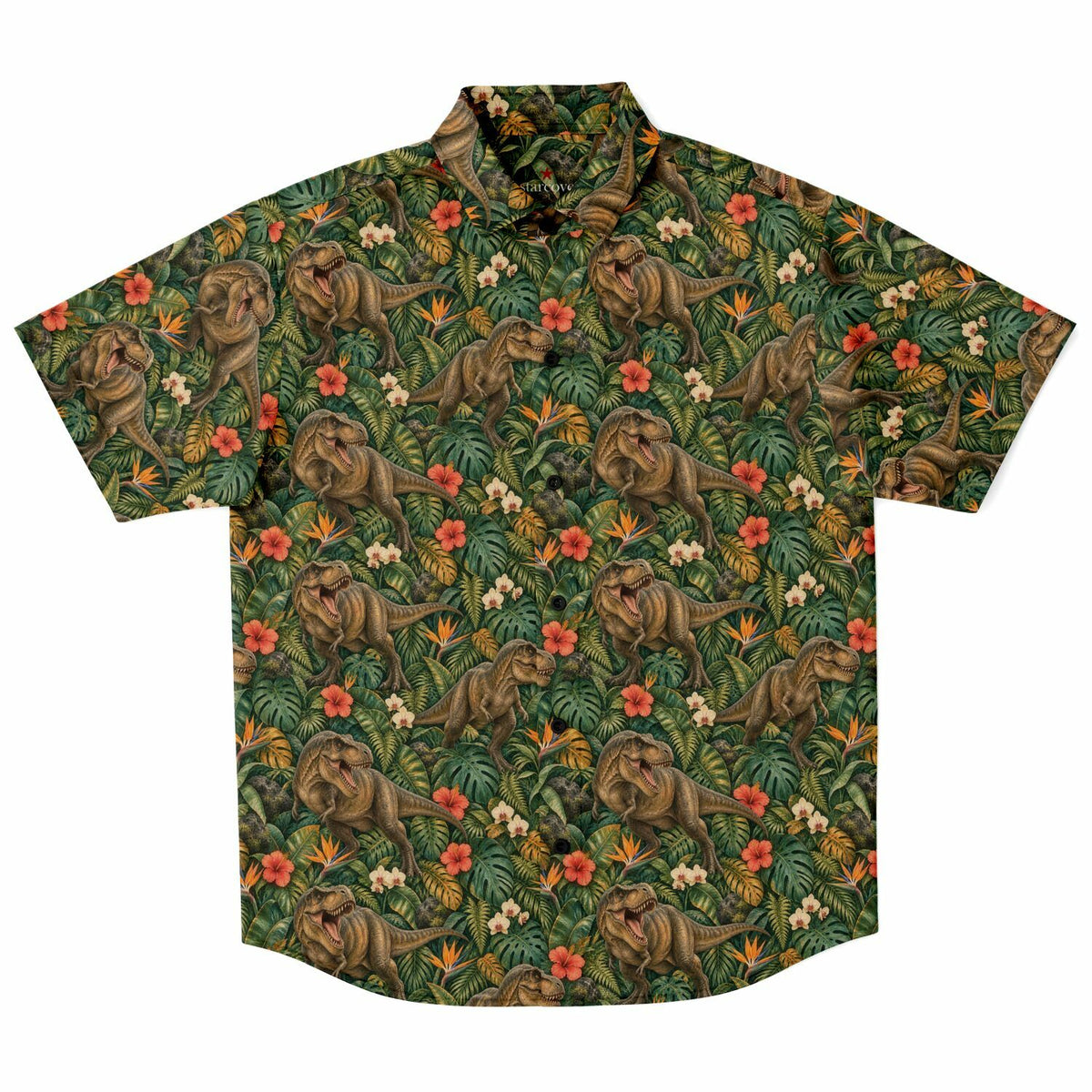 Dinosaur Men Button Up Shirt, T-Rex Dino Jungle Park Short Sleeve Print Casual Buttoned Down Summer Male Guys Collared Designer Dress copy