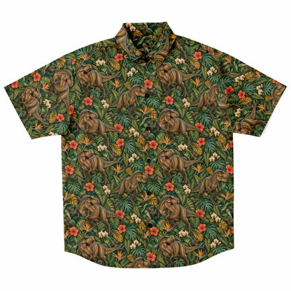 Dinosaur Men Button Up Shirt, T-Rex Dino Jungle Park Short Sleeve Print Casual Buttoned Down Summer Male Guys Collared Designer Dress copy