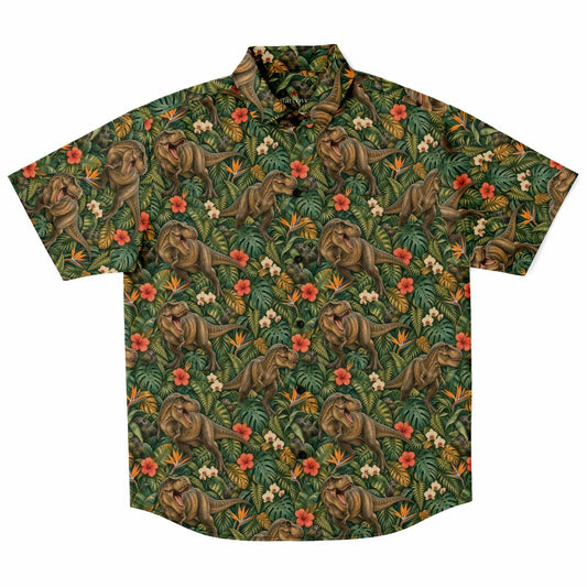 Dinosaur Men Button Up Shirt, T-Rex Dino Jungle Park Short Sleeve Print Casual Buttoned Down Summer Male Guys Collared Designer Dress copy
