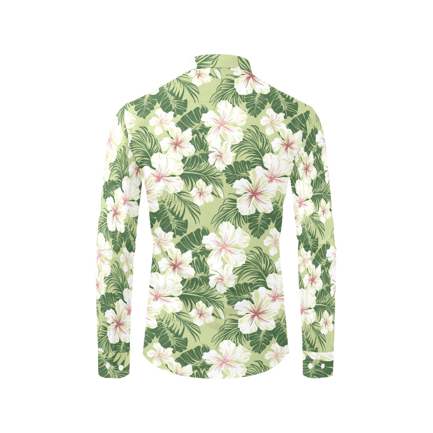 Green Hibiscus Long Sleeve Men Button Up Shirt, Hawaiian White Tropical Print Casual Dress Buttoned Collar Chest Pocket Lightweight Male - Starcove Fashion