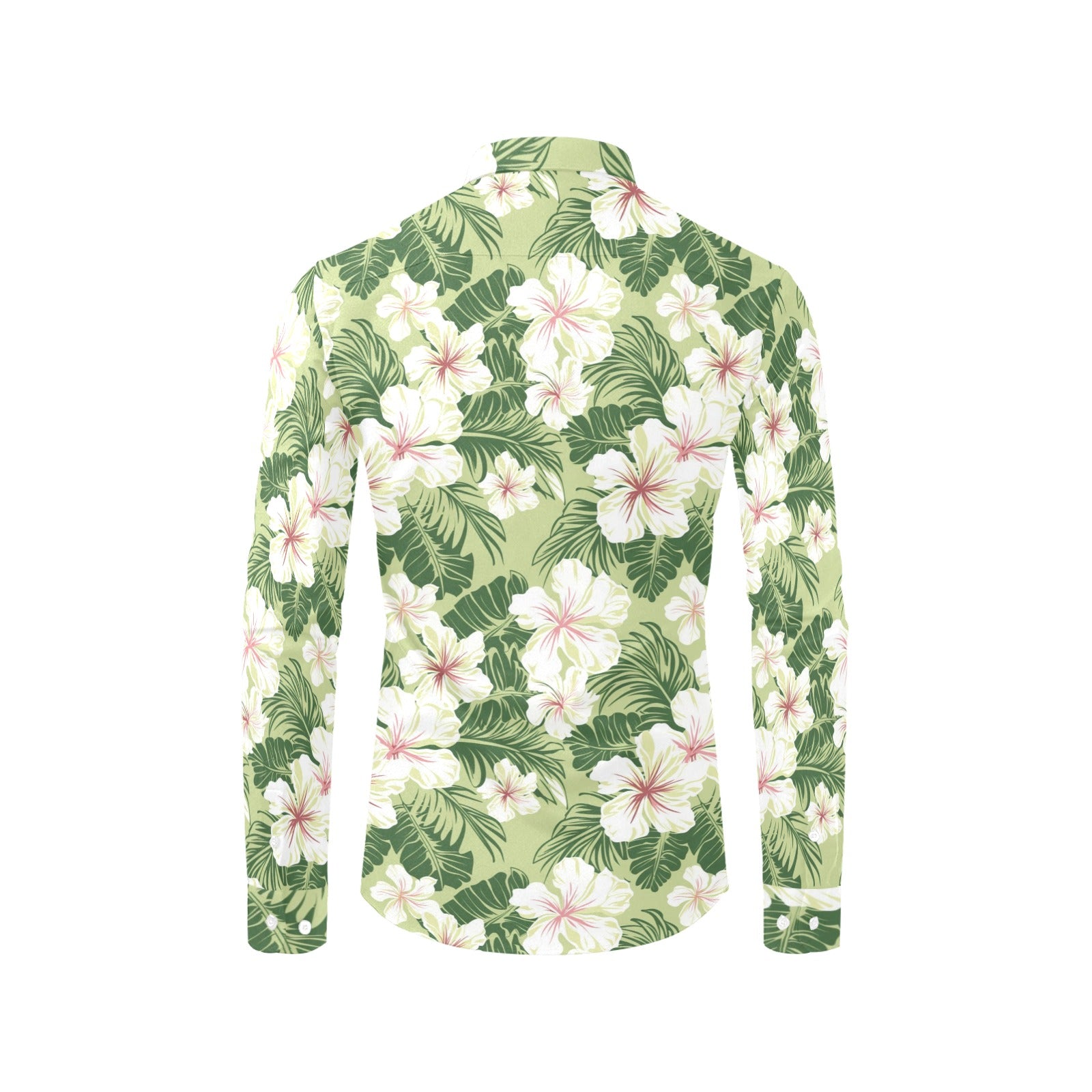 Green Hibiscus Long Sleeve Men Button Up Shirt, Hawaiian White Tropical Print Casual Dress Buttoned Collar Chest Pocket Lightweight Male - Starcove Fashion
