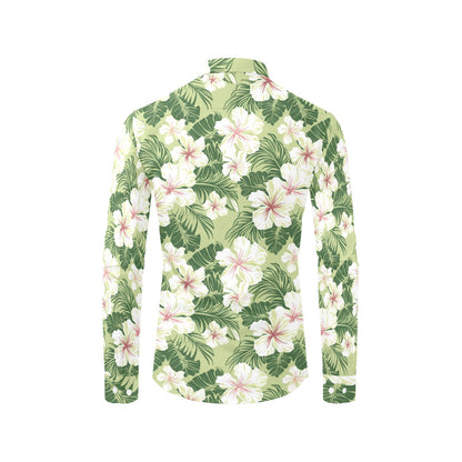 Green Hibiscus Long Sleeve Men Button Up Shirt, Hawaiian White Tropical Print Casual Dress Buttoned Collar Chest Pocket Lightweight Male - Starcove Fashion