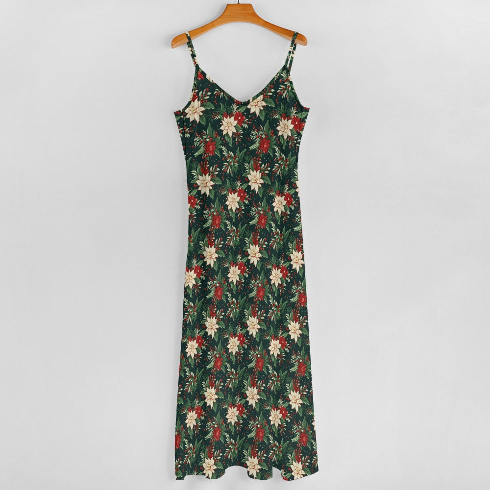 Christmas Party Maxi Dress, Green Red Vintage Xmas Berries Long Spaghetti Straps Women Sleeveless Casual Cute Designer Plus Size Cocktail 3XL / White Christmas Party Maxi Dress, Green Red Vintage Xmas Berries Long Spaghetti Straps Women Sleeveless Casual Cute Designer Plus Size Cocktail 3XL / White