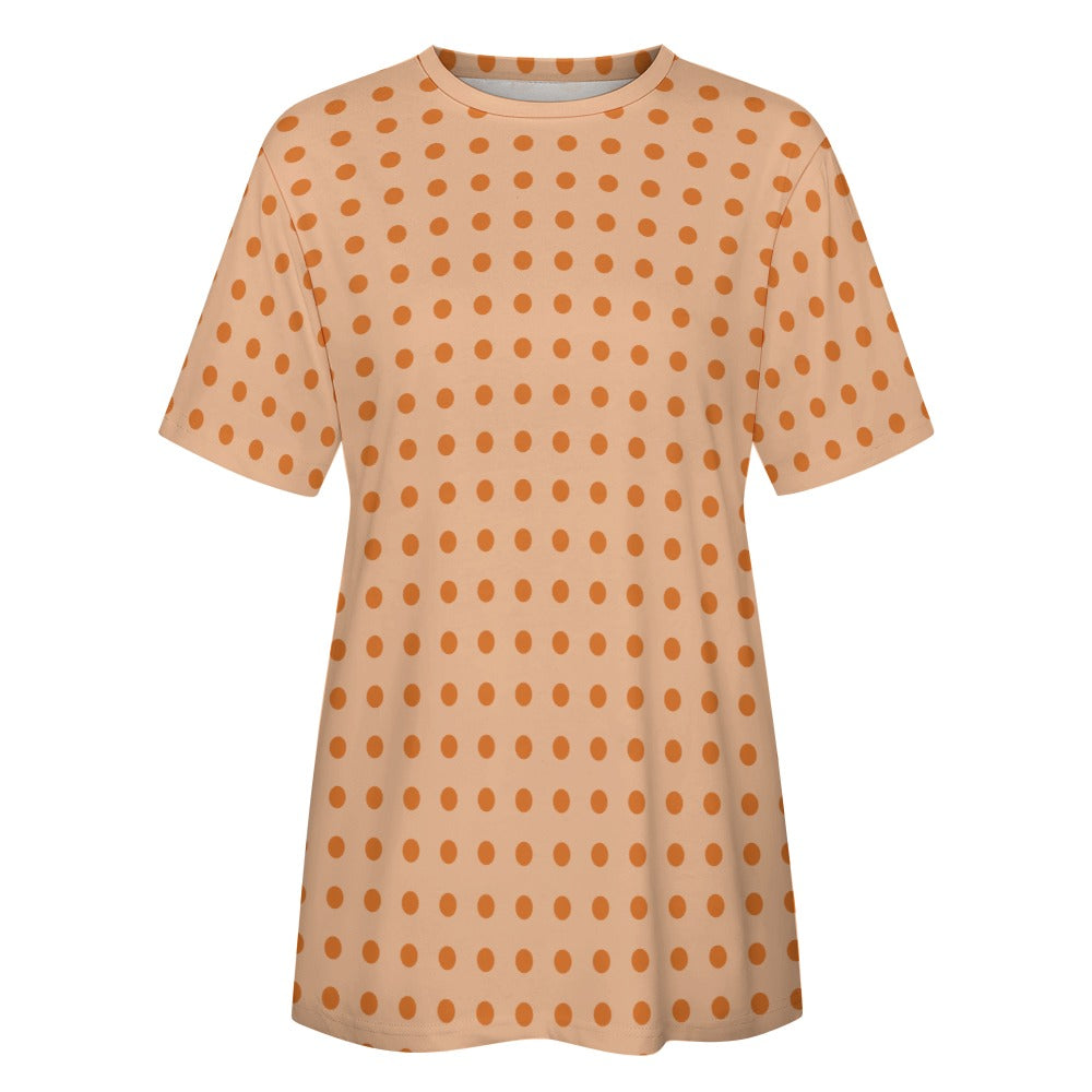 Orange Polka Dots Women Cotton Tshirt, Peach Ladies Female Designer Adult Graphic Aesthetic Fashion Fitted Crewneck Tee Shirt Top - Starcove Fashion