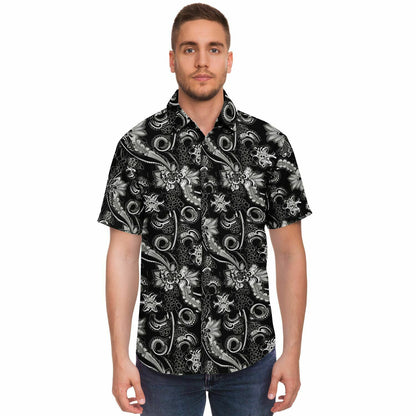 Black Paisley Men Button Down Shirt, Bandana Floral Short Sleeve Casual Print Buttoned Up Collar Plus Size Casual Dress Shirt