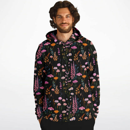 Pink Floral Hoodie, Faux Embroidery Flowers Pullover Women Men Adult Aesthetic Graphic Cotton Hooded Sweatshirt Pockets Designer Plus Size