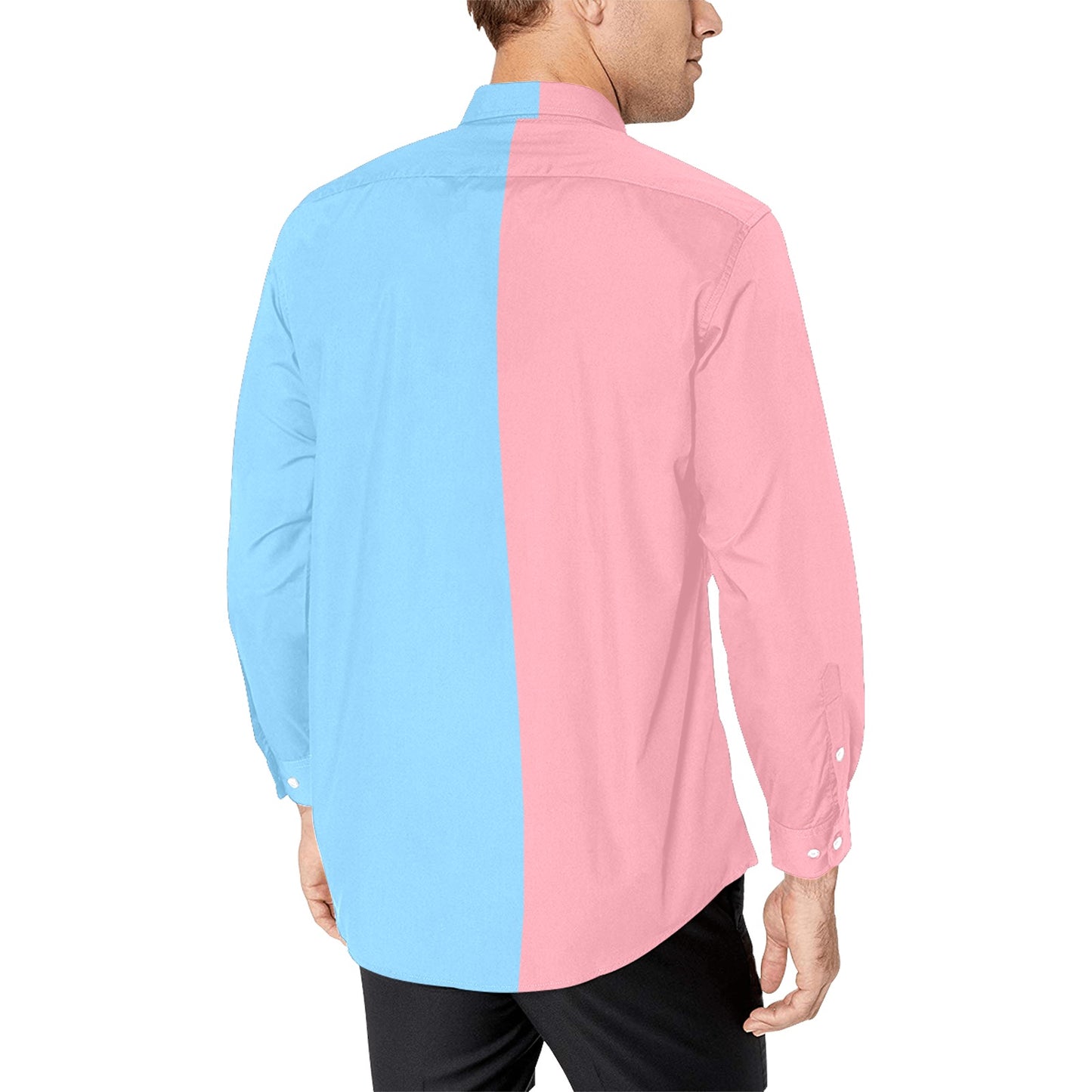 Half Pink Half Baby Blue Men Button Up Shirt, Long Sleeve Color Block Split Two Tone Combo Print Buttoned Collared Dress Shirt Chest Pocket