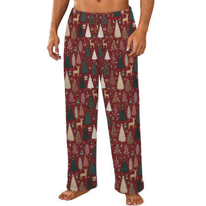Red Christmas Men Flannel Pajamas Pants, Reindeer Green Trees Snow PJ Sleep Trousers Sleepwear Guys Male Adult Long Lounge Trousers Bottoms