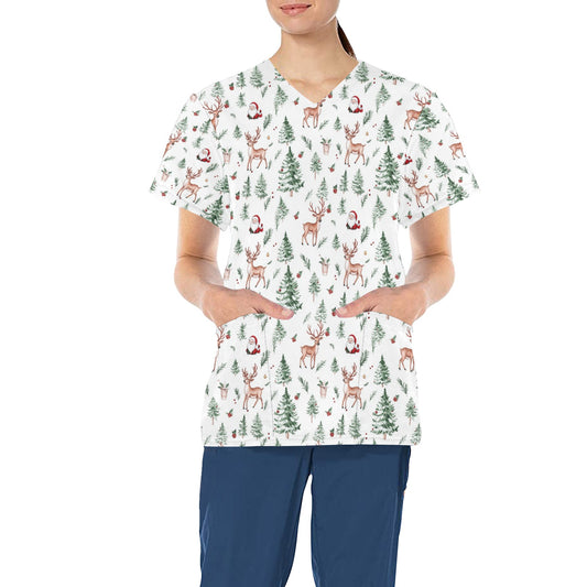 White Christmas Medical Scrubs Top Women, Reindeer Ladies Female Plus Size Nursing Nurse Vet Veterinary Assistant Uniform V Neck Pockets