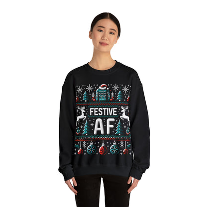 Festive AF Ugly Christmas Sweater, Bad Tacky Xmas Print Women Men Vintage Funny Party Winter Holiday Outfit Plus Size Sweatshirt