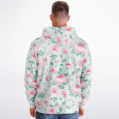 Pink Green Floral Zip Up Fleece Lined Hoodie, Flowers Peony Blossom Heavyweight Full Zipper Pocket Men Women Unisex Hooded Sweatshirt Jacket