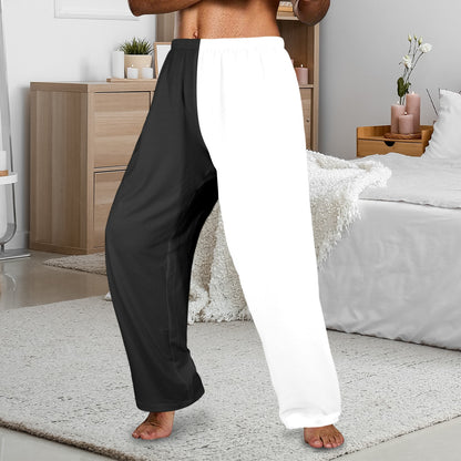Half Black Half White Men Pajamas Pants, Black White Two Tone Color Split PJ Pockets Sleep Trousers Couples Washable Trousers Bottoms
