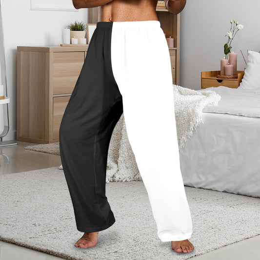 Half Black Half White Men Pajamas Pants, Black White Two Tone Color Split PJ Pockets Sleep Trousers Couples Washable Trousers Bottoms