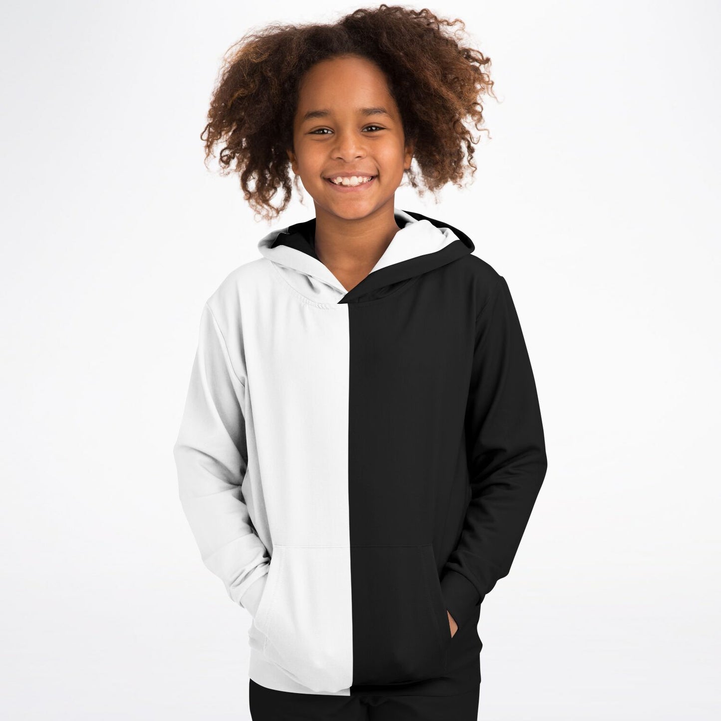 Half Black Half White Kids Pullover Hoodie, Two Tone Color Split Girls Boy Toddler Youth Children Fleece Cozy Hooded Sweatshirt Pockets