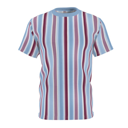 Blue Burgundy Striped Tshirt, Vertical Stripe Designer Aesthetic Lightweight Heavyweight Crewneck Men Women Tee Top Short Sleeve Shirt