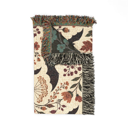 Bat Floral Woven Throw Blanket Tapestry, Halloween Autumn Fall Boho Cotton Fringe Warm Adult Kids Small Large Sofa Bed 50x60 Wall Hanging