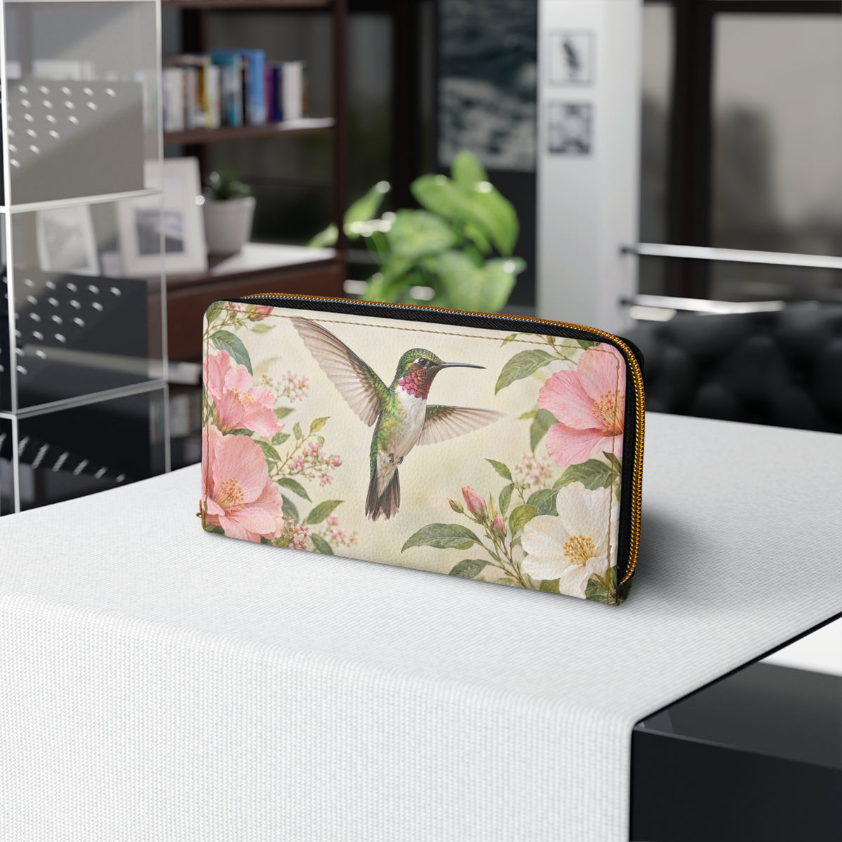 Hummingbird Leather Wallet Women, Floral Flowers Bird Vegan Zipper Zip Around Coins Credit Cards Pocket Cash Ladies Female Pouch Slim Purse