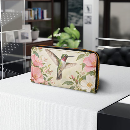 Hummingbird Leather Wallet Women, Floral Flowers Bird Vegan Zipper Zip Around Coins Credit Cards Pocket Cash Ladies Female Pouch Slim Purse