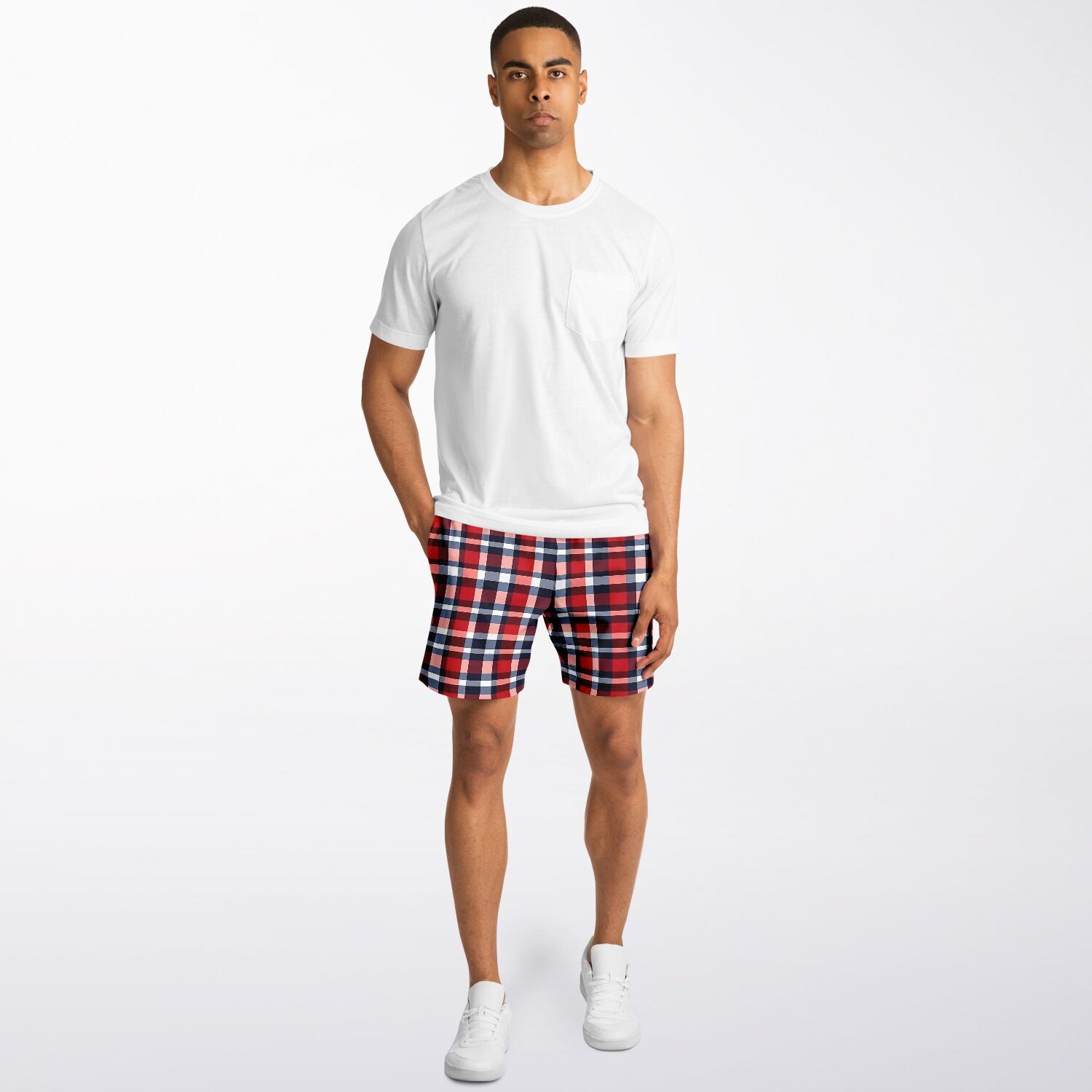 Buffalo Plaid Men Shorts, Red White Blue Tartan Check Beach Casual with Pockets 7 Inch Inseam Drawstring Casual Designer Summer Starcove Fashion