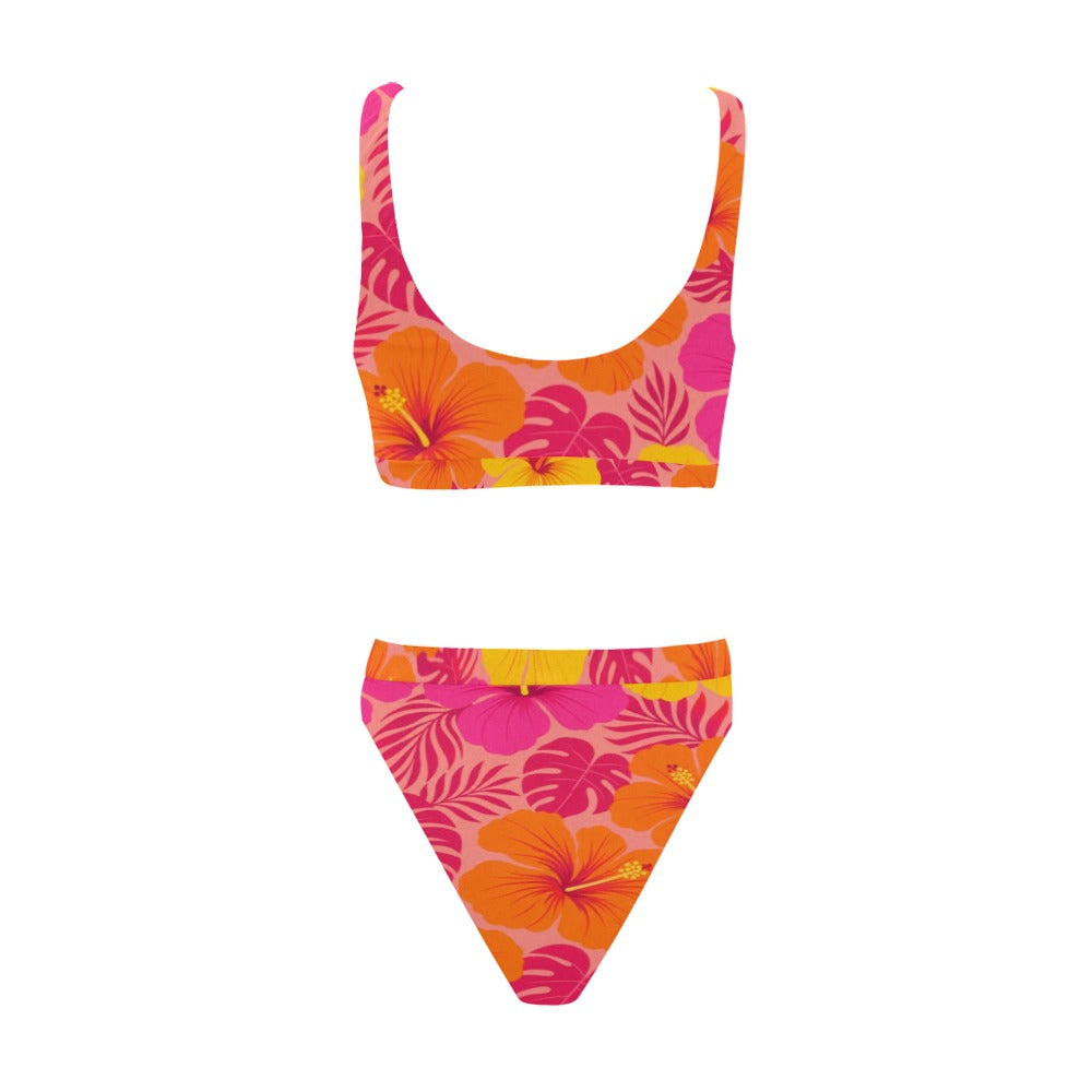 Matching Couple Swimwear Set, Tropical Hibiscus Bikini Set Pink Orange Floral Top High Waisted Cheeky Bottom Swimsuit Bathing Suit Two Piece
