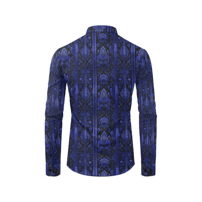 Black Blue Paisley Men Button Up Shirt, Long Sleeve Pattern Print Dress Buttoned Collar Casual Dress Collared Shirt with Chest Pocket