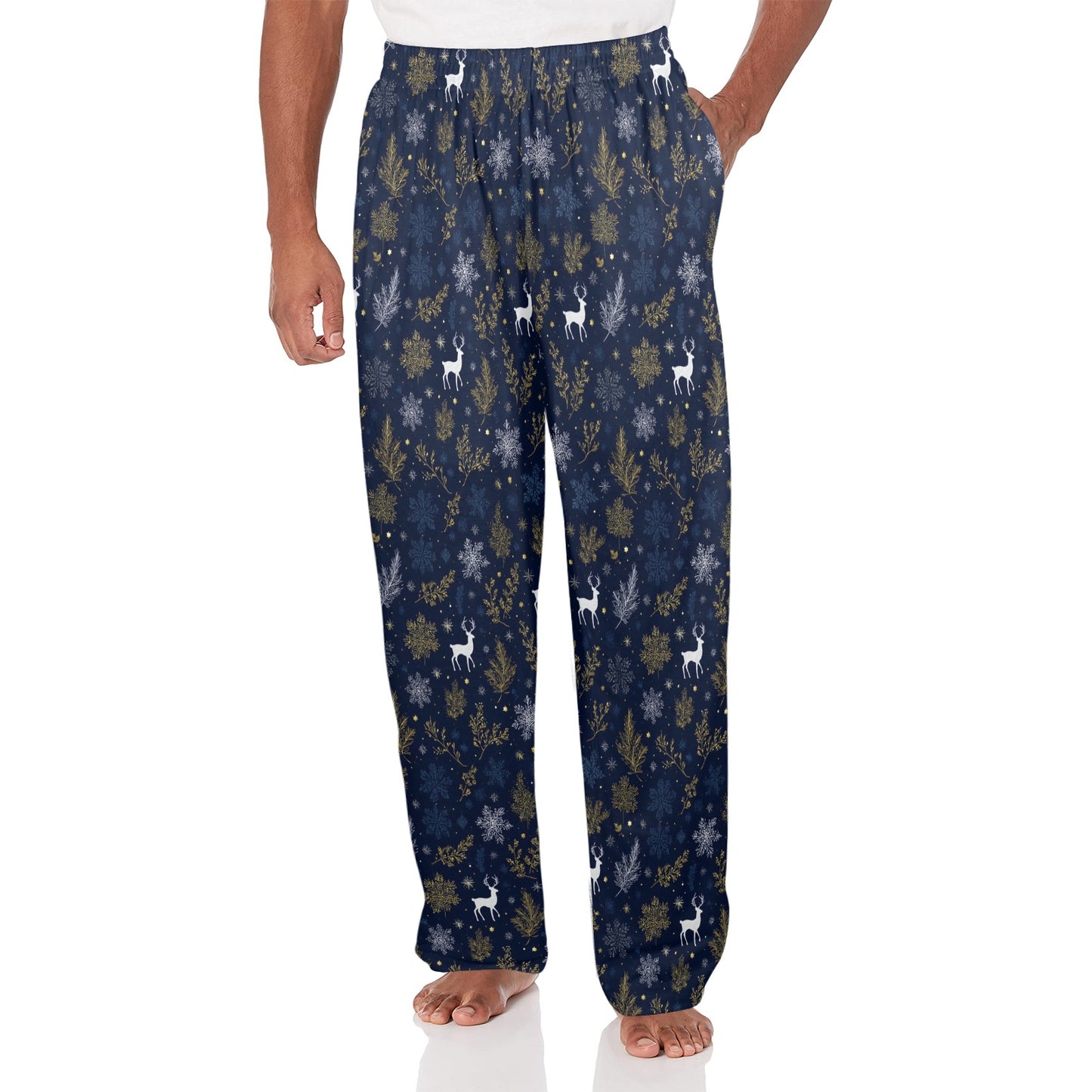 Navy Blue Christmas Men Pajamas Pants, Reindeer Snowflakes Festive Trees Xmas PJ Pockets Sleep Lounge Trousers Guys Male Sleepwear Bottoms