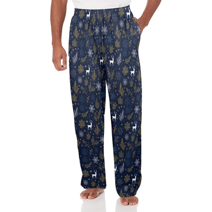 Navy Blue Christmas Men Pajamas Pants, Reindeer Snowflakes Festive Trees Xmas PJ Pockets Sleep Lounge Trousers Guys Male Sleepwear Bottoms